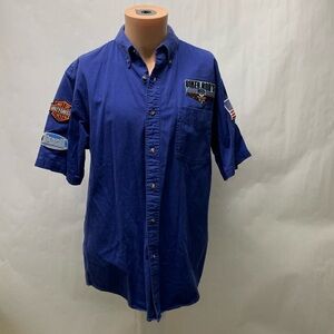Jonathan Corey Blue Button garage shirt patches biker bob’s Harley flag large